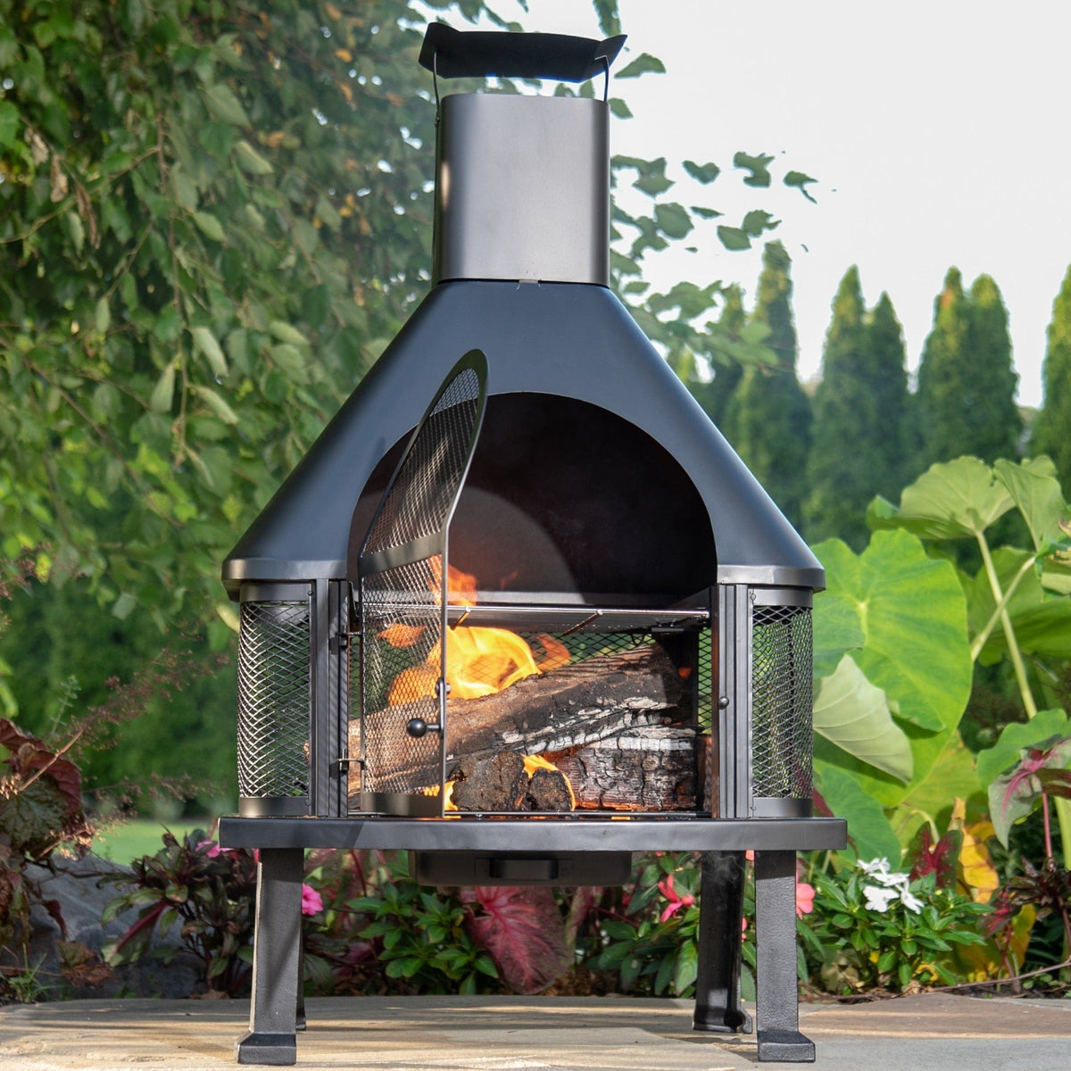 Black Wood Burning 25" x 20.5" Outdoor Firehouse With Chimney Fire